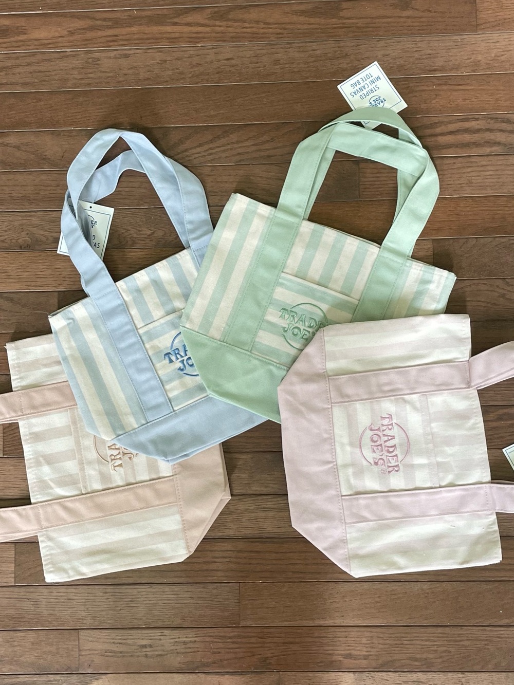 Trader Joe's mini Stripe canvas Tote Bag - Set of 4 (Blue, Green, Pink, Cream)